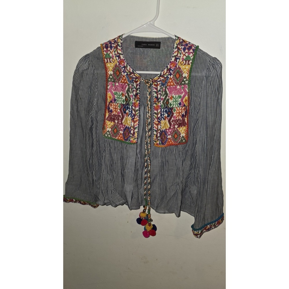 Zara Woman Jacket Blouse Embroidered Boho Pom Pom Blue White Striped Womens Sz S